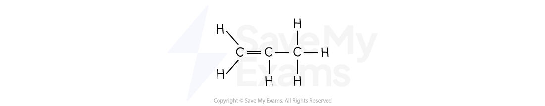 Structural formula of propene, showing three carbon atoms. The first carbon is double-bonded to the second, with hydrogen atoms attached.