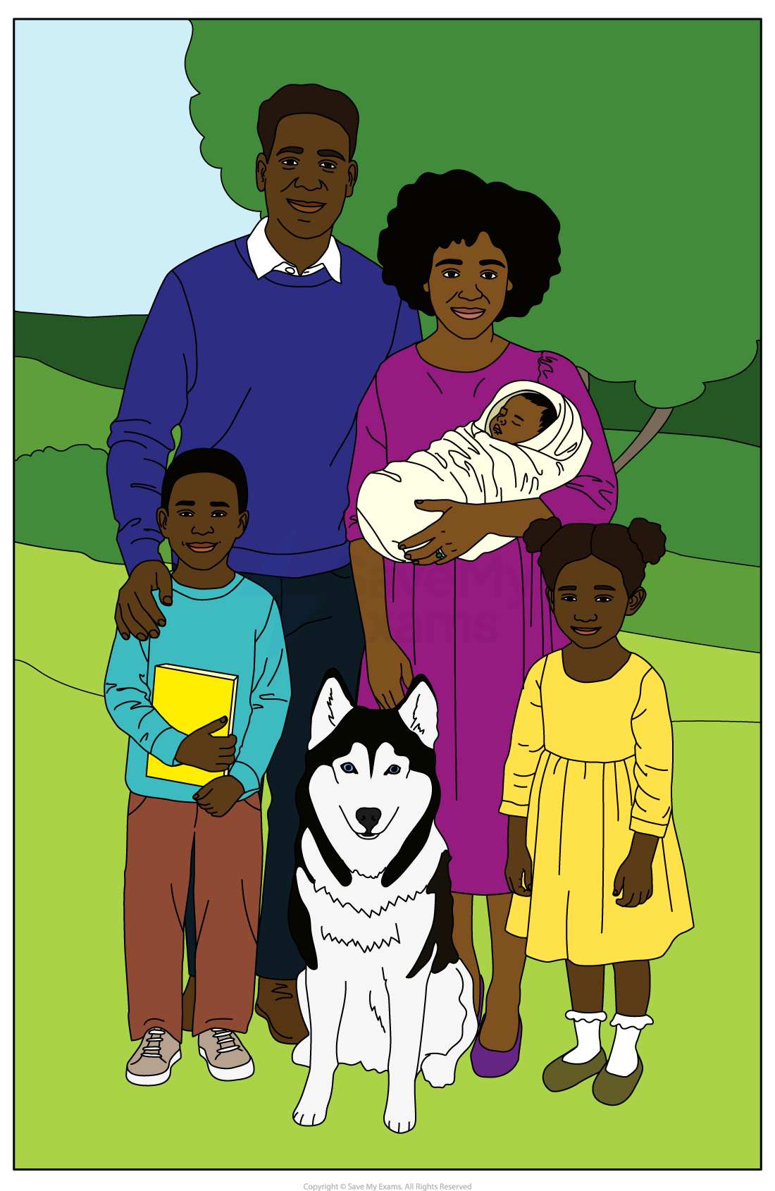 A family of four, with a father, mother holding a baby, son, daughter, and a husky dog, pose together in a grassy park setting.