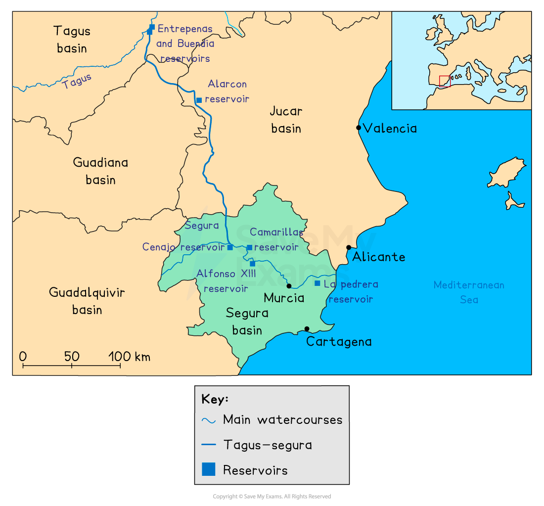 Map showing Tagus-Segura water transfer in Spain, highlighting the Tagus, Segura, and Jucar basins with reservoirs and main watercourses.