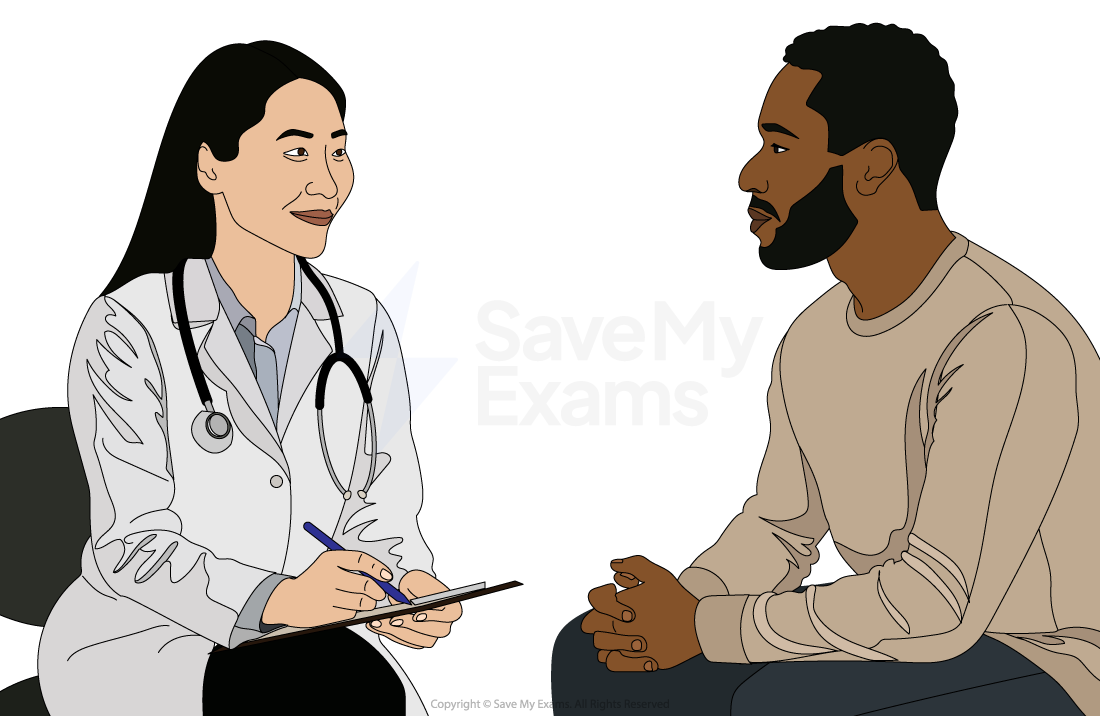 A doctor with a stethoscope talks with a seated man, taking notes on a clipboard, suggesting a medical consultation setting.