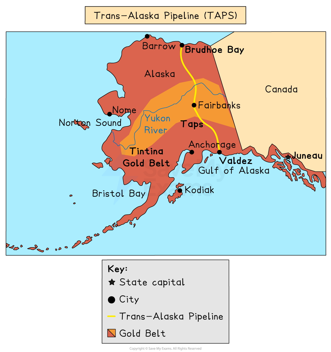 Map of Alaska showing the Trans-Alaska Pipeline, the Tintina Gold Belt, major cities, and state capital. Includes Yukon River and geographical regions.