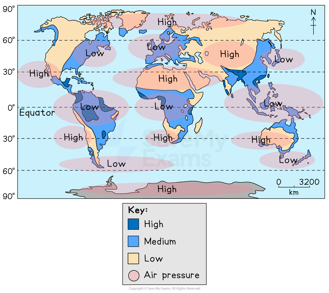 World map showing regions of high, medium, and low air pressure. Areas are colour-coded: blue for high, beige for medium, and pink for low pressure.