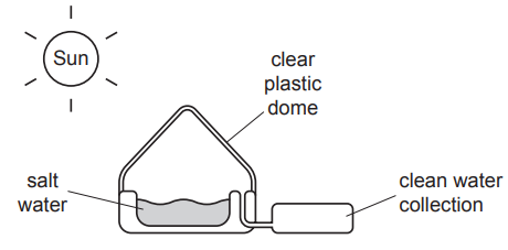 Diagram of a solar desalination device with a clear plastic dome. Sun heats salt water; water vapour condenses and collects as clean water.