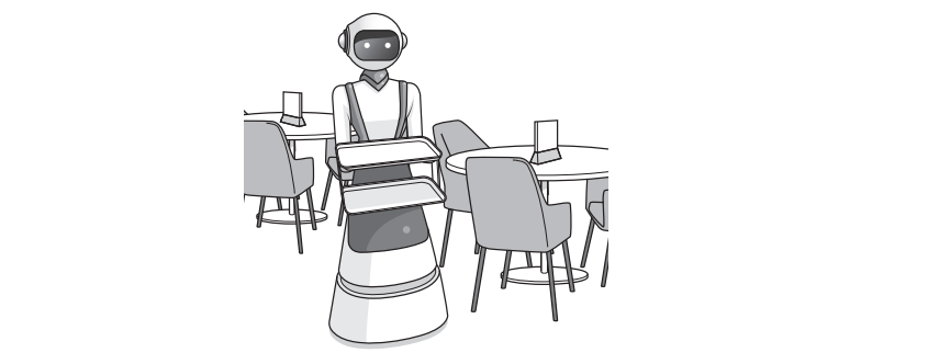 A robot serving tables in a restaurant setting, featuring multiple shelves and surrounded by chairs and tables.