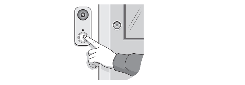 Person pressing a doorbell button on a smart video doorbell mounted beside a door, with a glass pane visible on the door.
