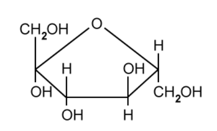 Chemical structure of fructose; a pentagonal ring with oxygen at the top, hydroxyl groups attached to carbons, and two CH2OH groups.