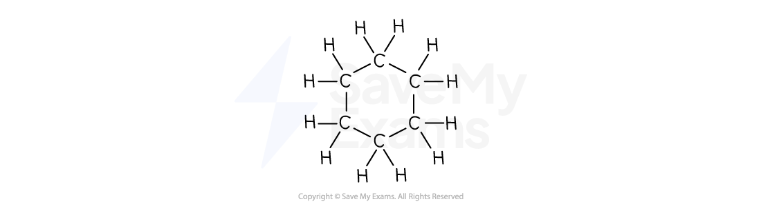 Structural formula of cyclohexane, a six-carbon ring with each carbon atom bonded to two hydrogens, forming a hexagonal shape.