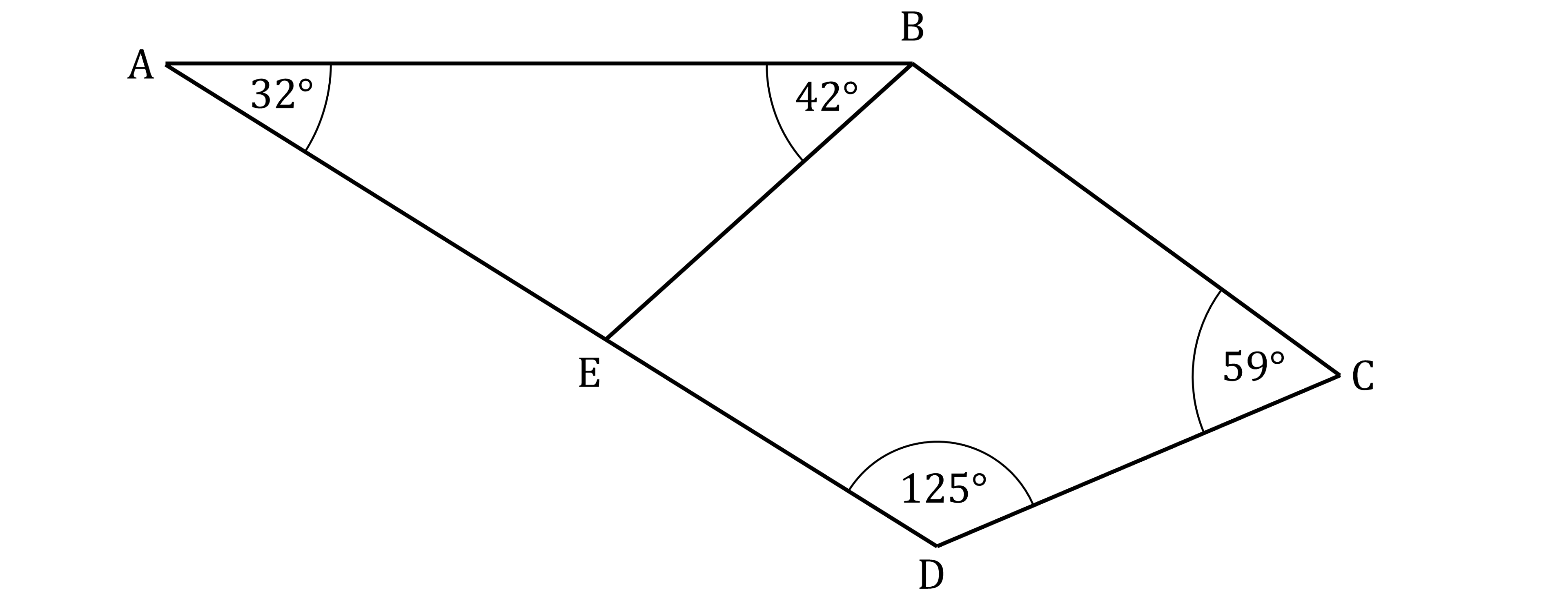 Quadrilateral ABCD, with line segment connecting B to point E on AD. Angles: BAE, 32 degrees; ABE, 42 degrees; BCD, 59 degrees; CDE, 125 degrees.