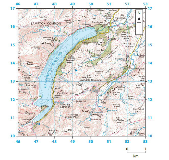 Topographic map featuring Haweswater Reservoir, showing contour lines, pathways, and surrounding areas like Bampton Common and Swindale Common.
