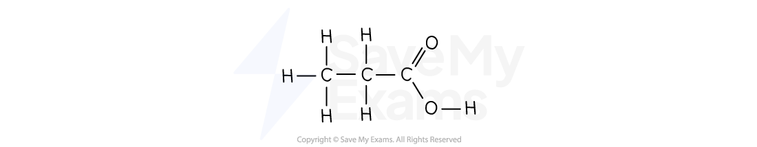 Structural formula of propanoic acid showing three carbon atoms, six hydrogen atoms, and two oxygen atoms, forming a carboxyl group on the end.