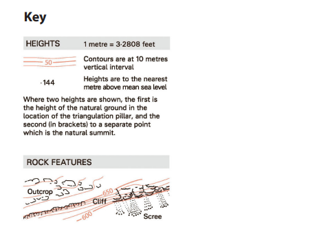 Map key showing contour lines at 10-metre intervals, rock features such as outcrop, cliff, and scree, with height details referenced to sea level.