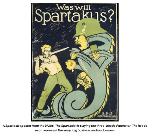 A 1920s Spartacist poster showing a man fighting a three-headed serpent. The heads are labelled to represent the army, big business, and landowners.