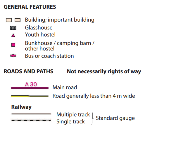 Map legend showing symbols for buildings, glasshouses, hostels, bus stations, roads, and railways, indicating their types and widths.