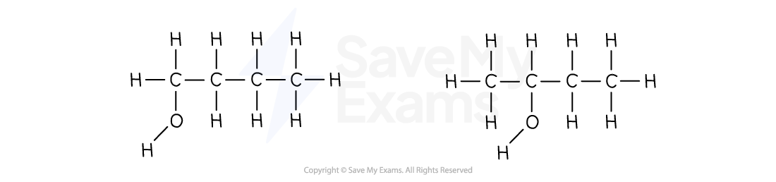 Two structural formulas of butan-1-ol and butan-2-ol, showing carbon atoms bonded to hydrogen and hydroxyl groups, illustrating molecular differences.