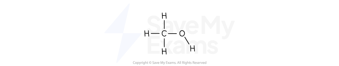 Chemical structure of methanol with a central carbon atom bonded to three hydrogen atoms and one oxygen atom, which is also bonded to a hydrogen.