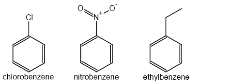 Three chemical structures: chlorobenzene with Cl group, nitrobenzene with NO2 group, and ethylbenzene with an ethyl chain, each labelled below.