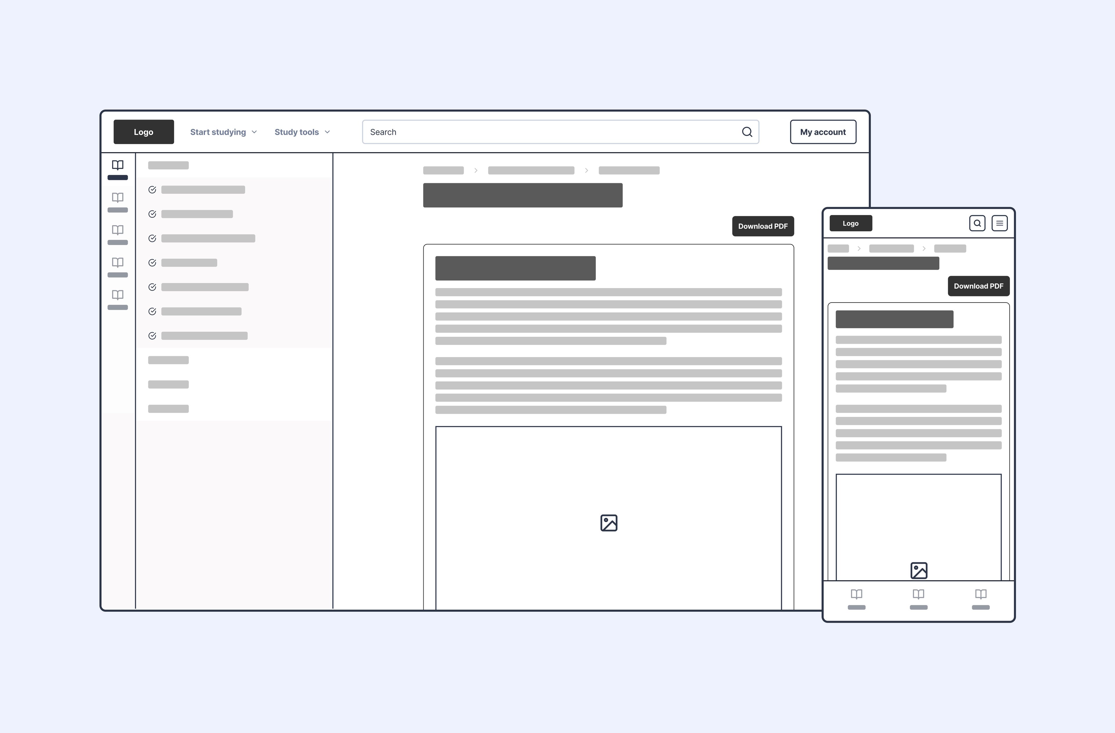 Website wireframe showing desktop and mobile views with navigation menu, search bar, text sections, and "Download PDF" button.