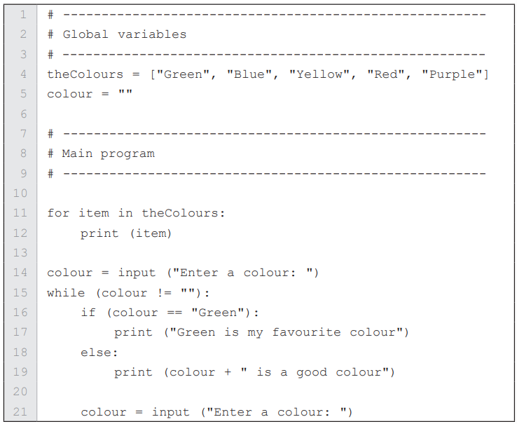 Python code listing a colour array with a loop to print each colour. It prompts user input, commenting on the colour entered.
