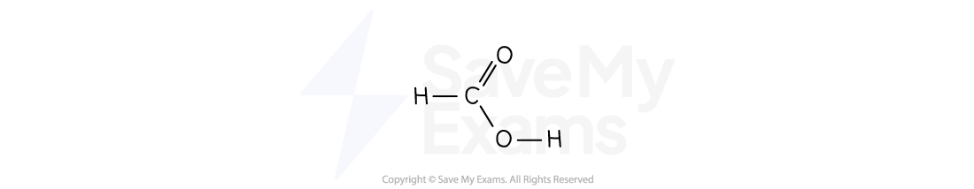 Structural formula of methanoic acid, showing carbon bonded to hydrogen, carbonyl oxygen, and hydroxyl group, arranged in a simple diagram.