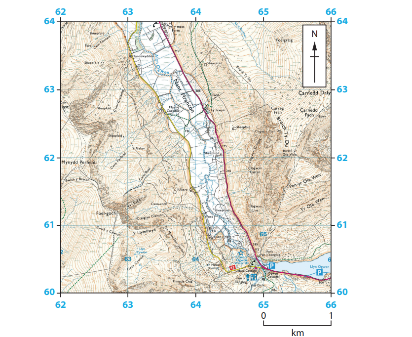 Topographic map showing terrain, roads, and landmarks around New Inn, Bethesda. Contour lines depict elevation. Includes grid references and a north arrow.