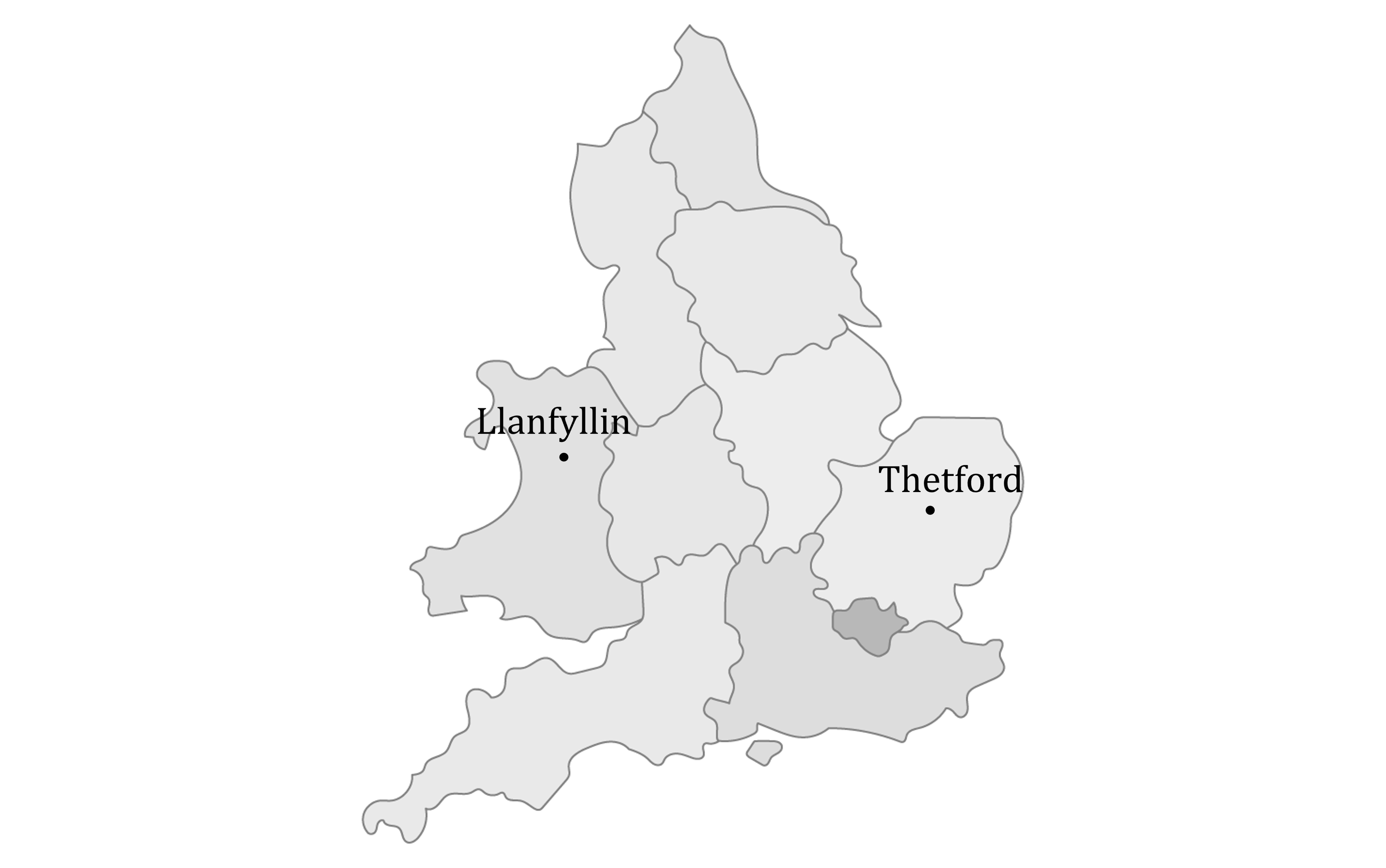 Map of England and Wales showing locations of Llanfyllin and Thetford marked by dots, with grey-shaded regions outlined.