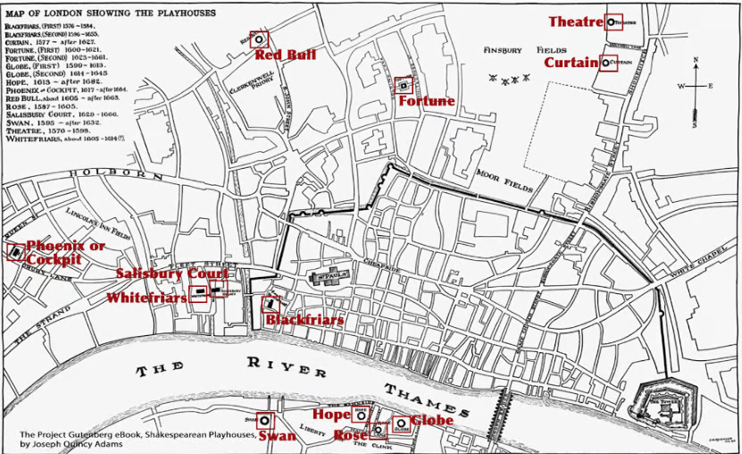 A map showing the key theatres in London in the Elizabethan period