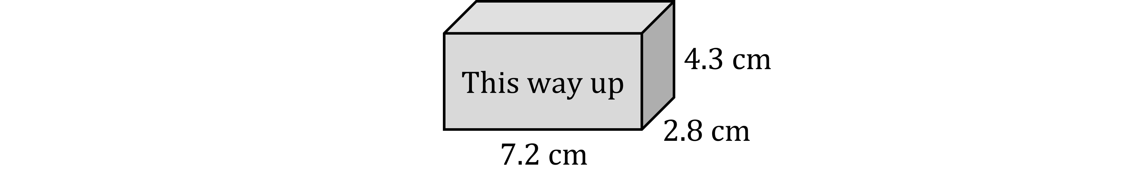 Rectangular box labelled "This way up" with dimensions: length 7.2 cm, height 4.3 cm, and width 2.8 cm, depicted in monochrome.