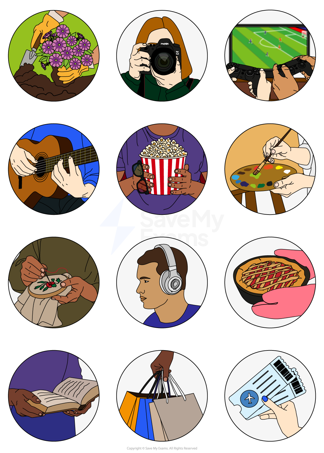 A grid of twelve illustrations depicting various hobbies and activities including gardening, photography, gaming, guitar playing, and painting.