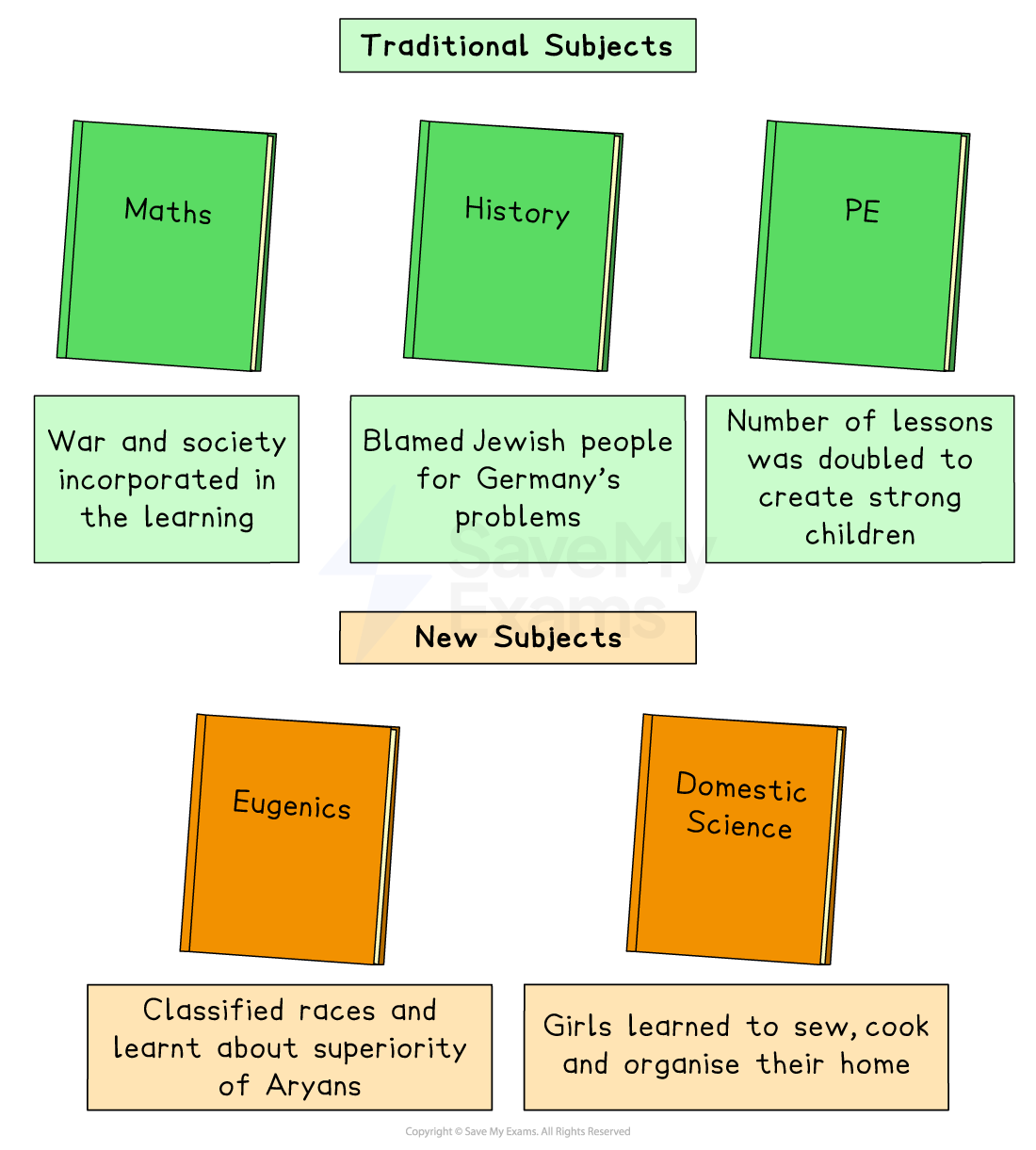 Diagram showing traditional and new school subjects in Nazi Germany, including Maths, History, PE, with Eugenics and Domestic Science as new additions.