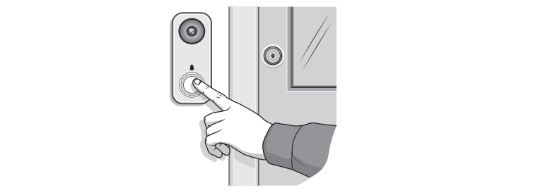 A hand pressing a smart doorbell button beside a closed door with a peephole and a window panel, indicating the use of modern security technology.