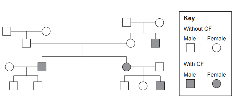 Pedigree chart showing a genetic trait for cystic fibrosis. Males are squares, females are circles; shaded shapes indicate presence of CF. Key included.