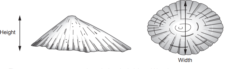Shell illustration with side and top views; the side view shows height, and the top view shows width, both labelled with arrows.