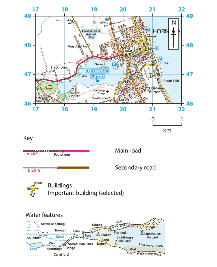 Map of Hornsea showing roads, buildings, and water features. Includes key for road types and landmarks. Grid reference with coordinates and scale.