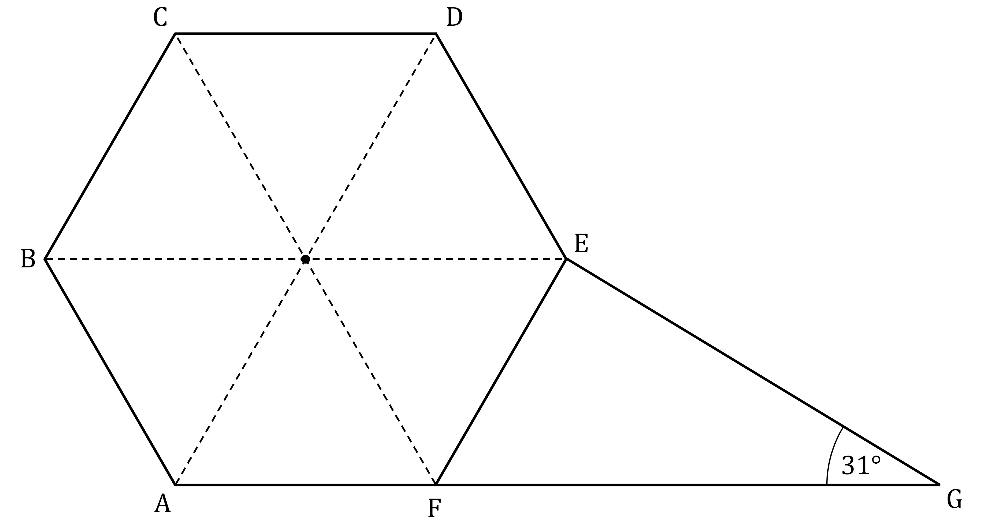 A hexagon labelled A to F with a triangle extending from points E and F to point G. The angle at G measures 31 degrees. Dashed lines inside hexagon connecting centre to vertices.