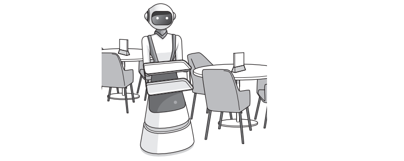 Robot waiter with trays stands in a restaurant surrounded by tables and chairs, ready to serve.