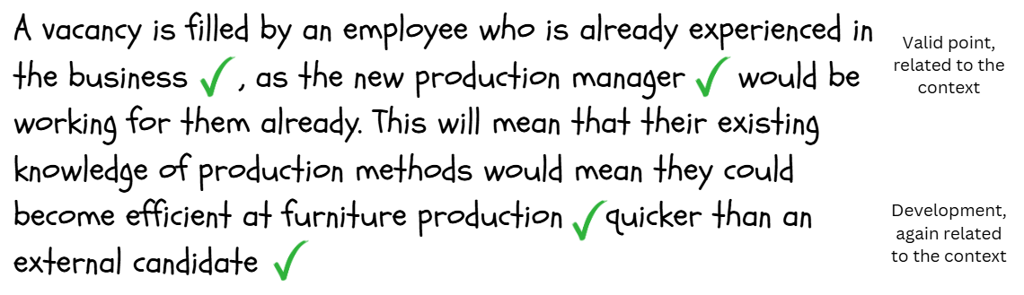 Text discussing internal hiring benefits in a business, with green checkmarks highlighting key points and comments on validity and development.