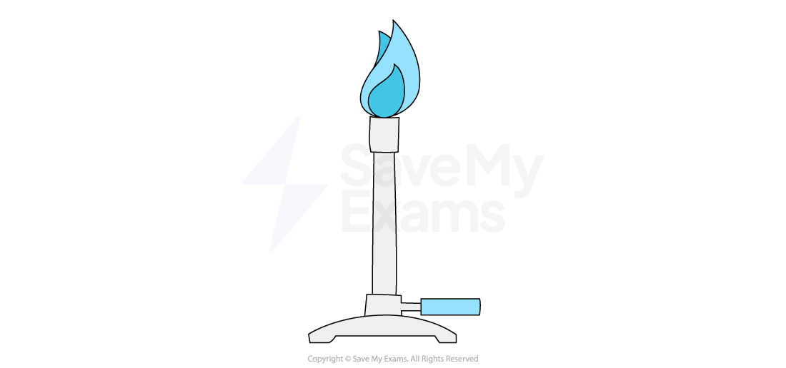 Illustration of a lit Bunsen burner with a blue flame, showing a base, vertical tube, and gas valve, used for heating in a laboratory.