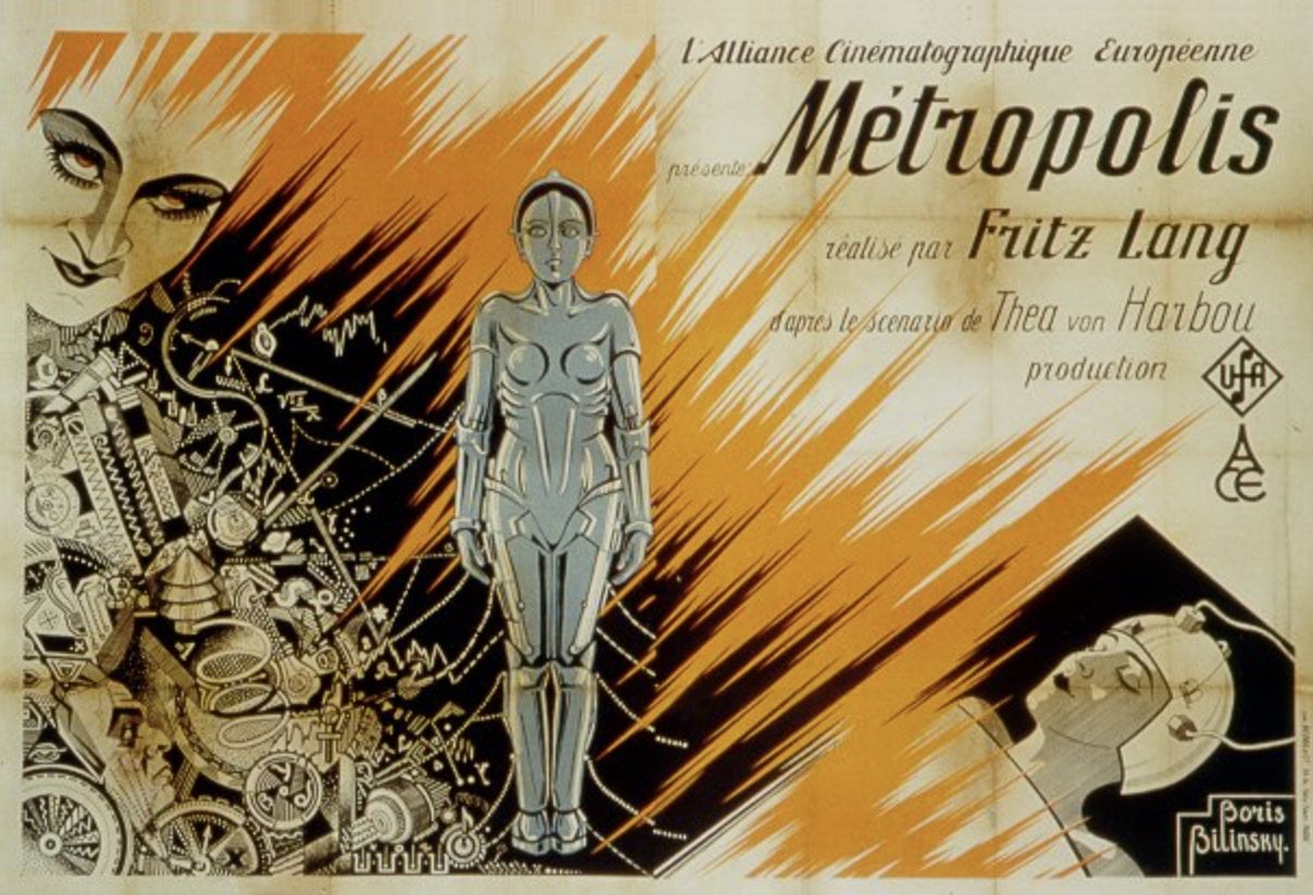 Vintage poster of the film "Metropolis" features a robotic figure, detailed machinery artwork, and stylised faces, with text in French.