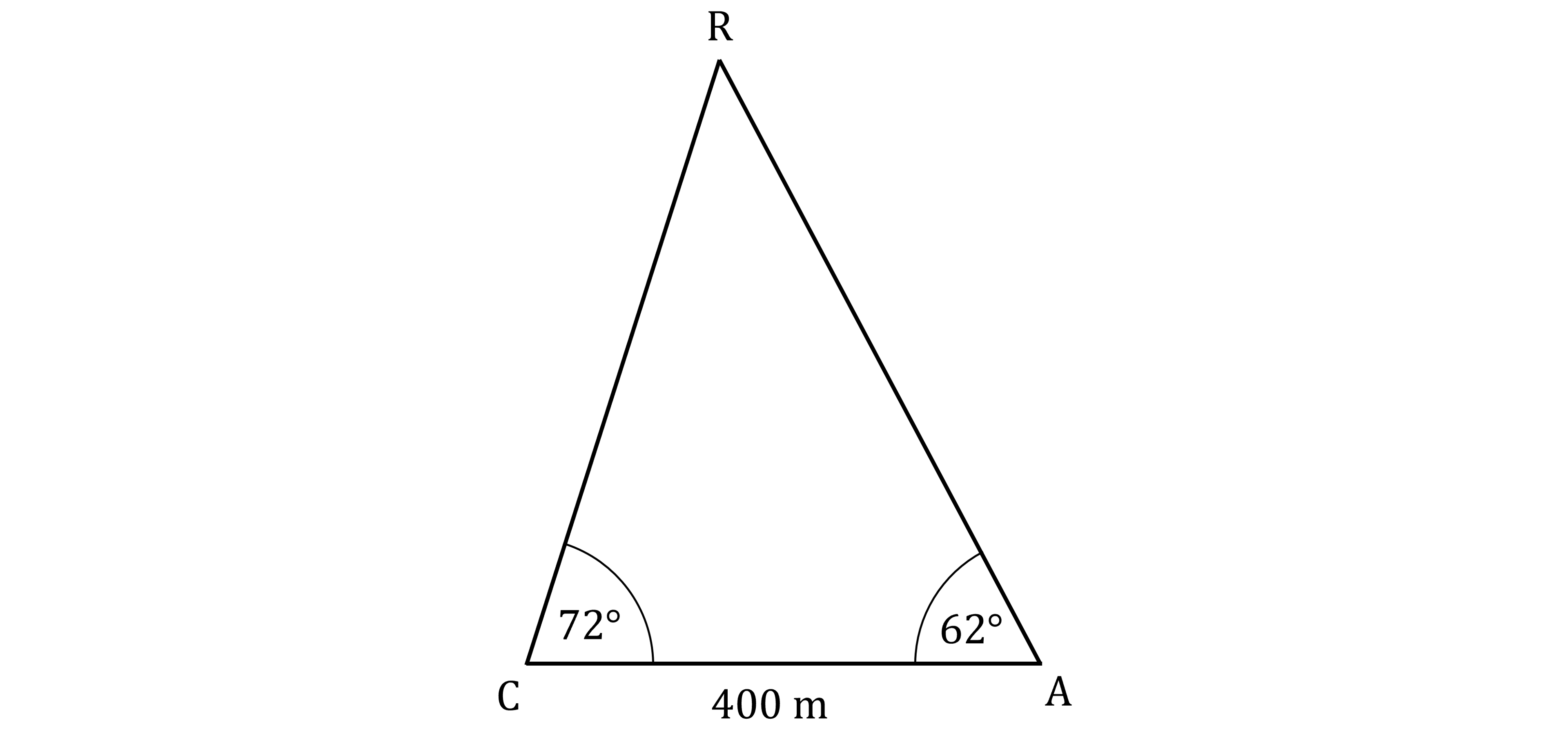 Triangle with vertices R, A, C. Angle at C is 72 degrees, angle at A is 62 degrees. Side AC is 400 m.