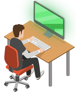 Illustration of a person sitting in a red chair at a desk, typing on a keyboard, looking at a green computer monitor.