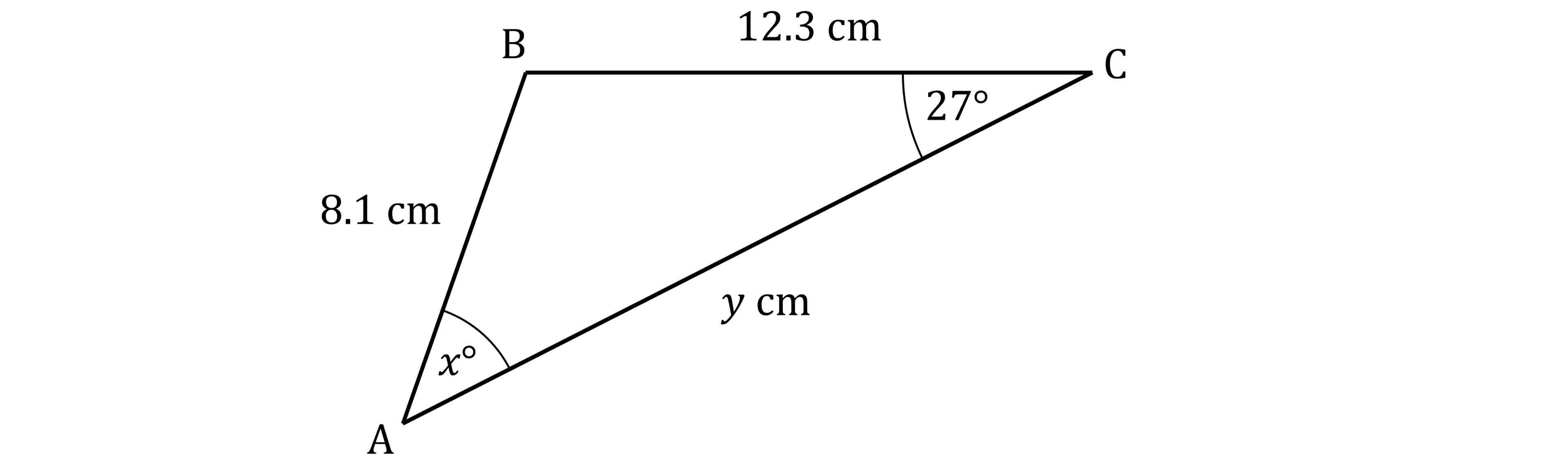 Triangle ABC with AB = 8.1 cm, BC = 12.3 cm, AC = y cm, angle BAC = xº and angle BCA = 27º.