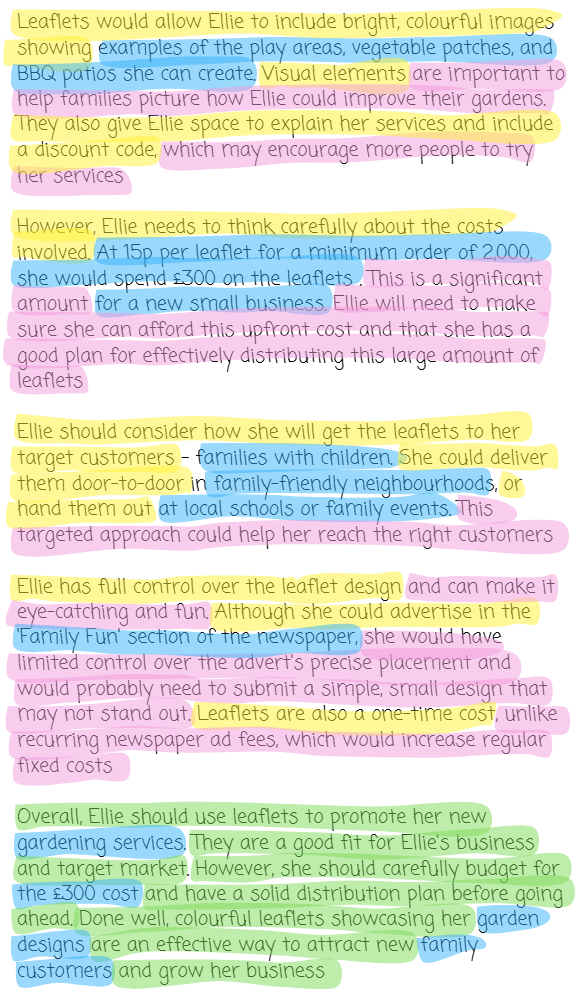 Text discussing the use of colourful leaflets by Ellie for promoting gardening services, highlighting costs, distribution, and target customers.