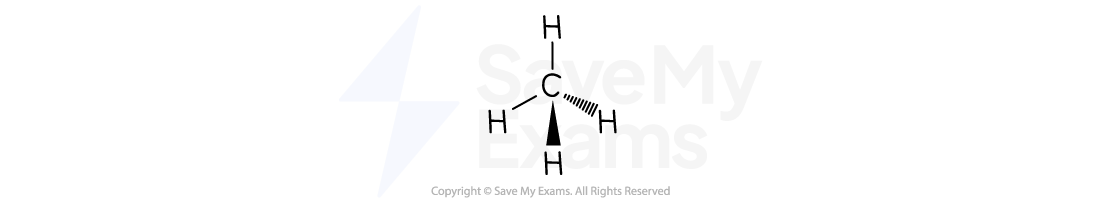 Chemical structure of methane showing a central carbon atom bonded to four hydrogen atoms in a tetrahedral arrangement.