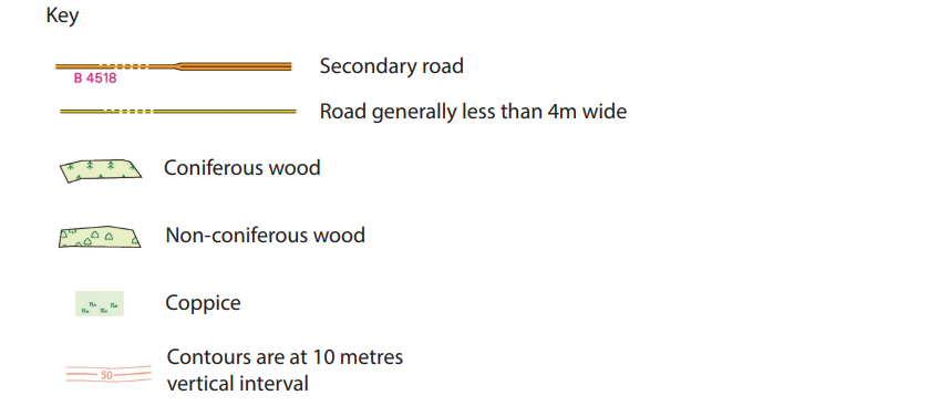 Map key showing symbols: secondary road, narrow road, coniferous and non-coniferous wood, coppice, and contours at 10 metres vertical interval.