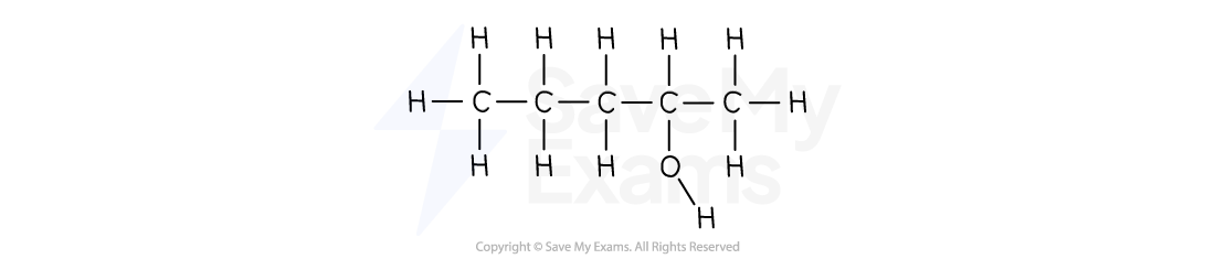 Structural formula of pentan-2-ol, showing a chain of five carbon atoms with attached hydrogen atoms and a hydroxyl group attached to carbon 2.