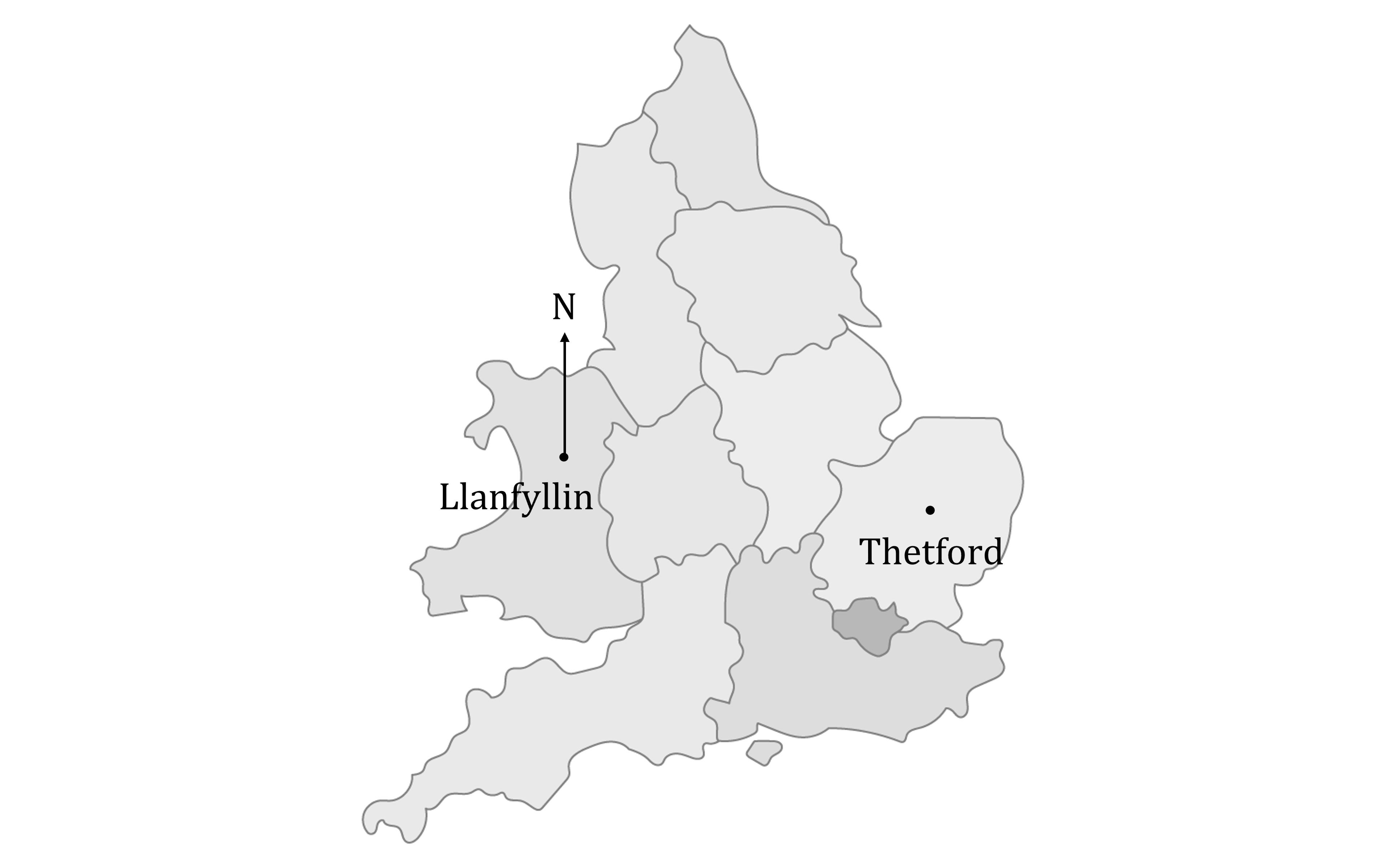 Map of England and Wales showing locations of Llanfyllin and Thetford marked by dots, with grey-shaded regions outlined.