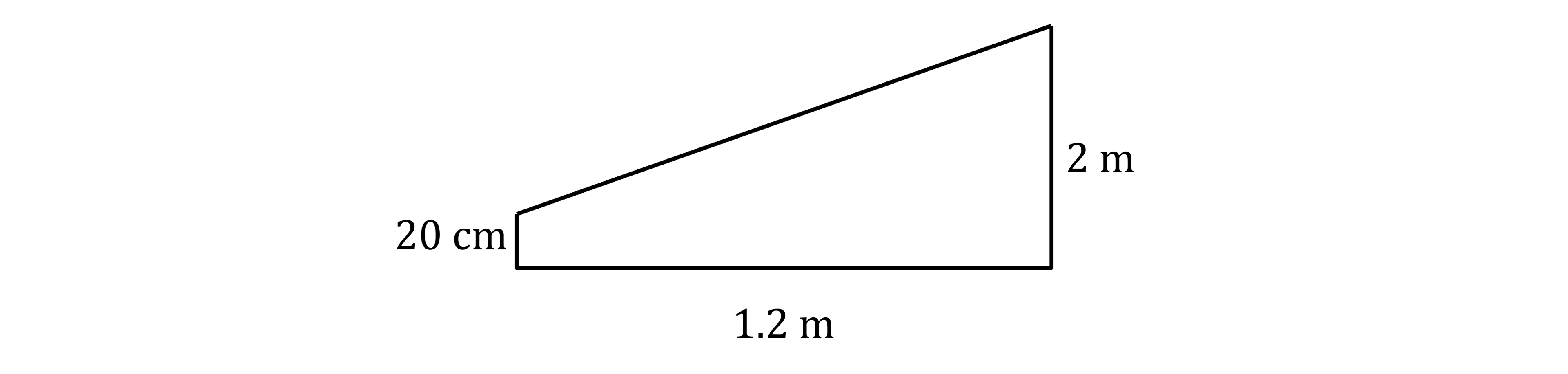 A right-angled trapezium with the left vertical side 20 cm, right vertical side 2 m, and a horizontal base 1.2 m.