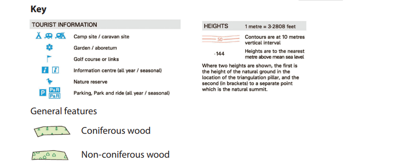 Map key showing symbols: campsite, garden, golf course, information centre, nature reserve, parking. Includes coniferous/non-coniferous wood and height contours.