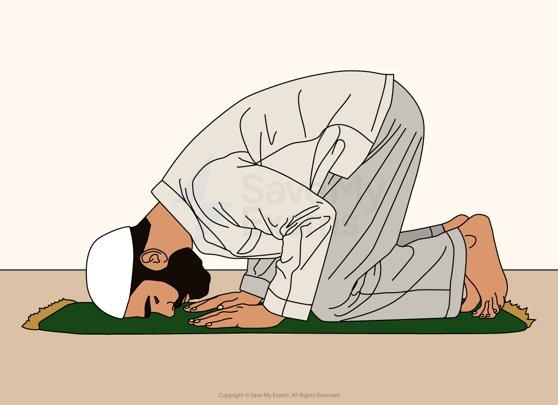 Man in white traditional attire performing prostration on a green prayer mat, with head and hands touching the ground.