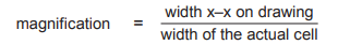 Equation showing magnification as width x-x on drawing divided by width of the actual cell.